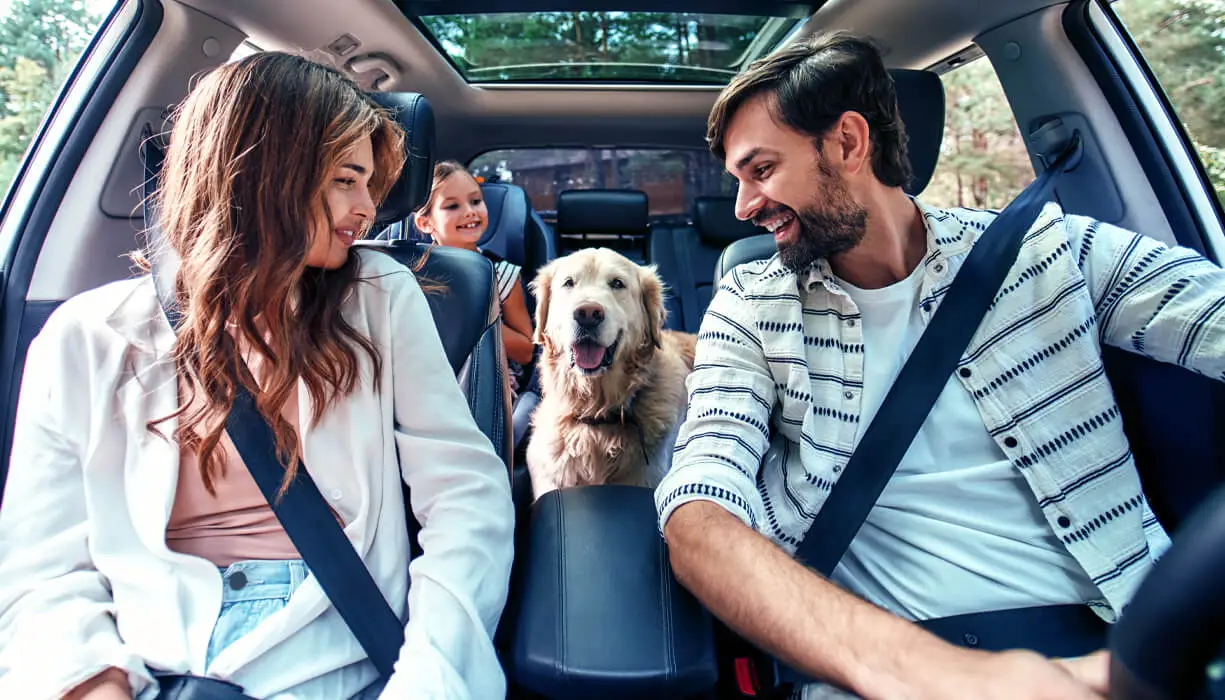 Family with their labrador dog sitting in the car, happy about their affordable auto insurance quote from Breathe Easy Insurance