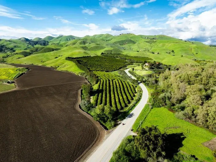 An aerial view of the scenic countryside in San Luis Obispo, California, featuring lush green hills, agricultural fields, and a winding road